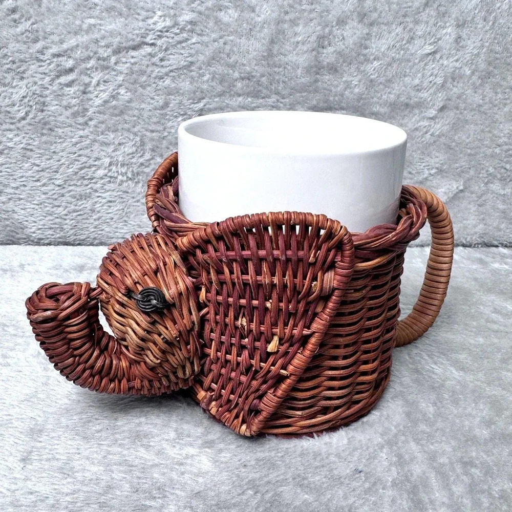 Elephant Mug Vintage Wicker Basket‎ Holder w/ White Ceramic Cup Cottagecore Boho